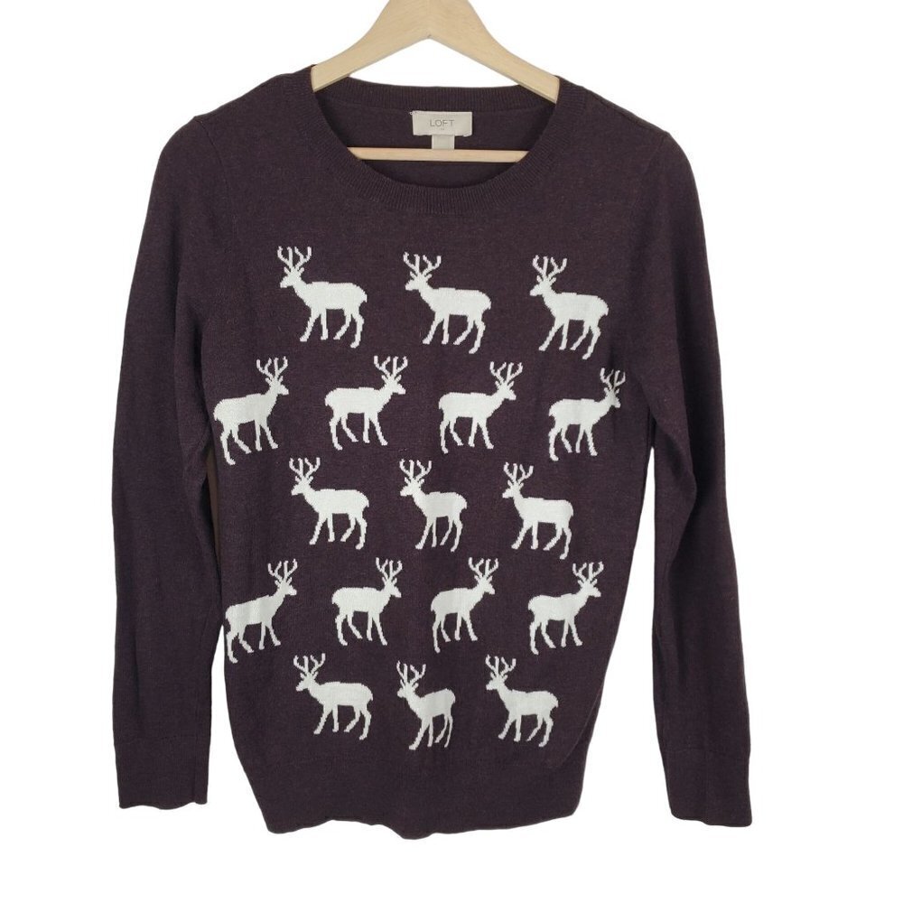 Loft Sweater Womens small Brown White Deer Knit Cotton Festive Gorpcore Novelty